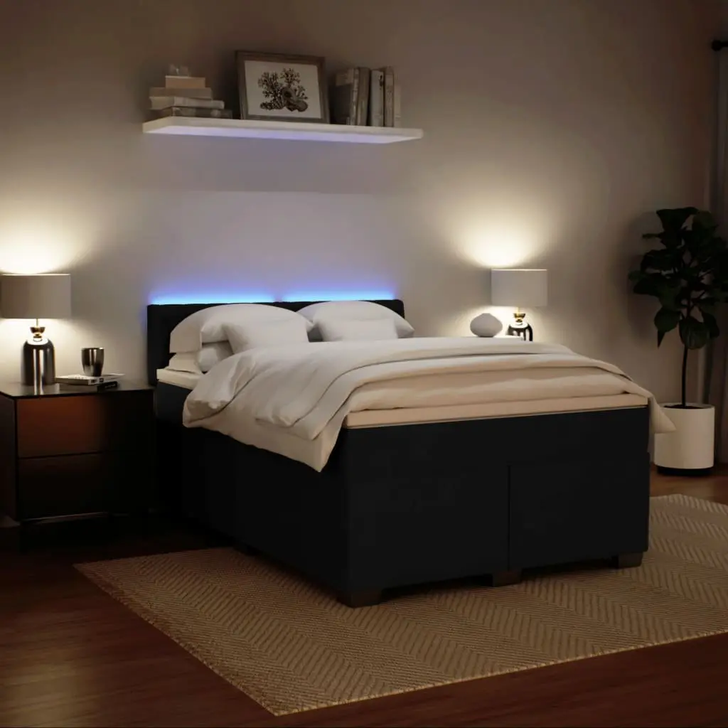 Queen Size Box Spring Bed with Pocket Spring Mattress Velvet Fabric LED Lights Black