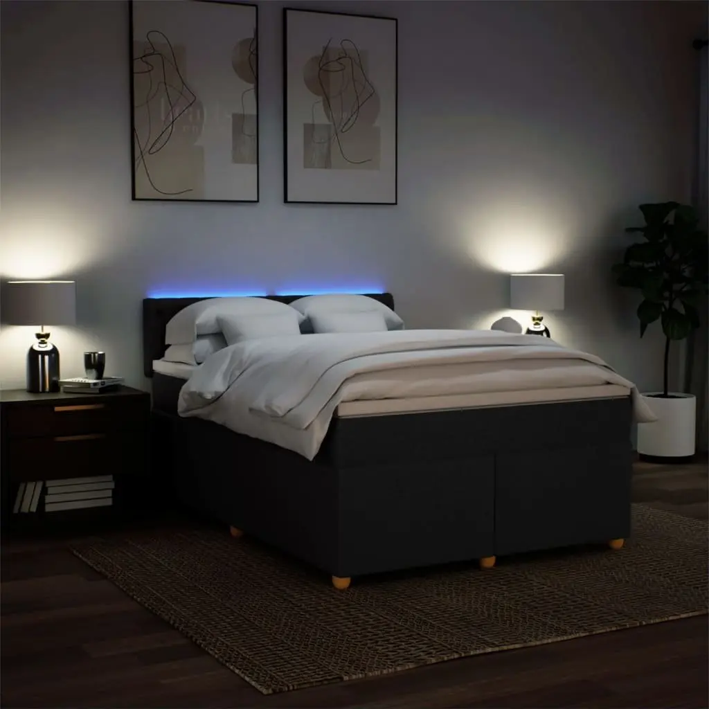 Double Box Spring Bed with Pocket Sprung Mattress Adjustable LED Lights Black Fabric