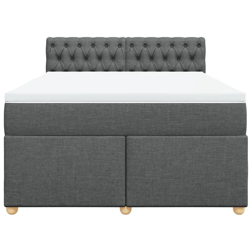 Queen Size Box Spring Bed with Mattress Dark Grey Fabric LED Lights Bedroom