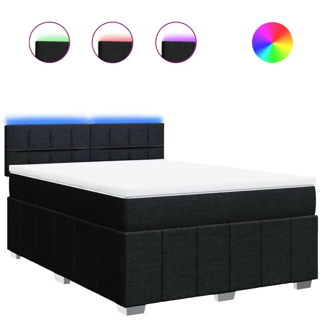 Box Spring Bed with Pocket Mattress and Adjustable LED Lights Black Fabric
