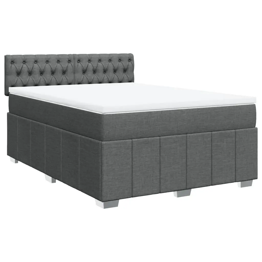 Queen Box Spring Bed with Mattress and Topper Comfort Dark Grey Fabric