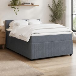 Grey Velvet Box Spring Bed with Pocket Mattress and LEDs