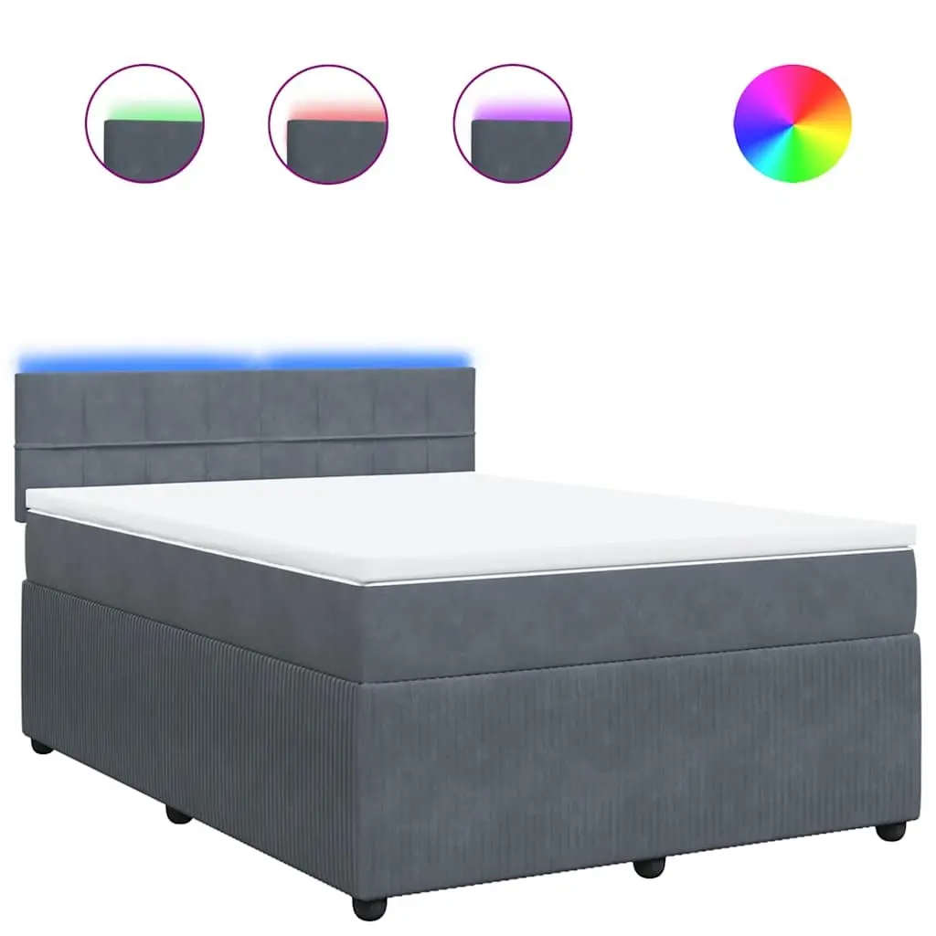 Queen Bed with Adjustable LED Lighting Soft Velvet Pocket Spring Mattress Grey