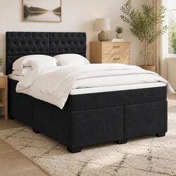 Black Velvet Queen Box Spring Bed with Pocket Spring Mattress