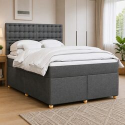 Double Box Spring Bed with Adjustable Grey Fabric Headboard