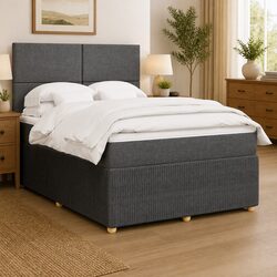 Double Box Spring Bed with Height-Adjustable Headboard in Grey