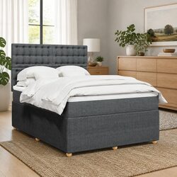 Double Box Spring Bed with Adjustable Grey Headboard