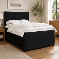 Black Box Spring Bed with Height-Adjustable Velvet Headboard