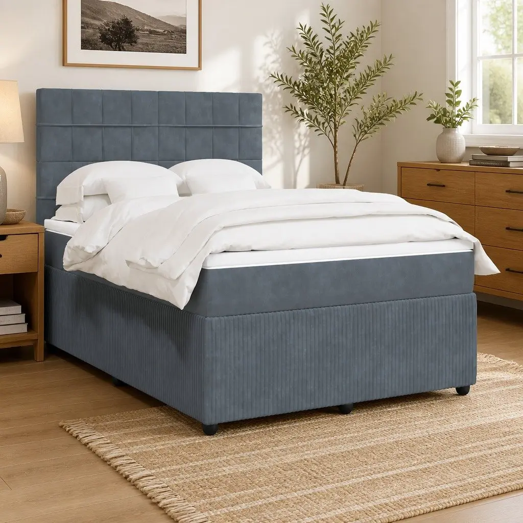 Queen Box Spring Bed with Adjustable Headboard Pocket Sprung Mattress Grey Velvet