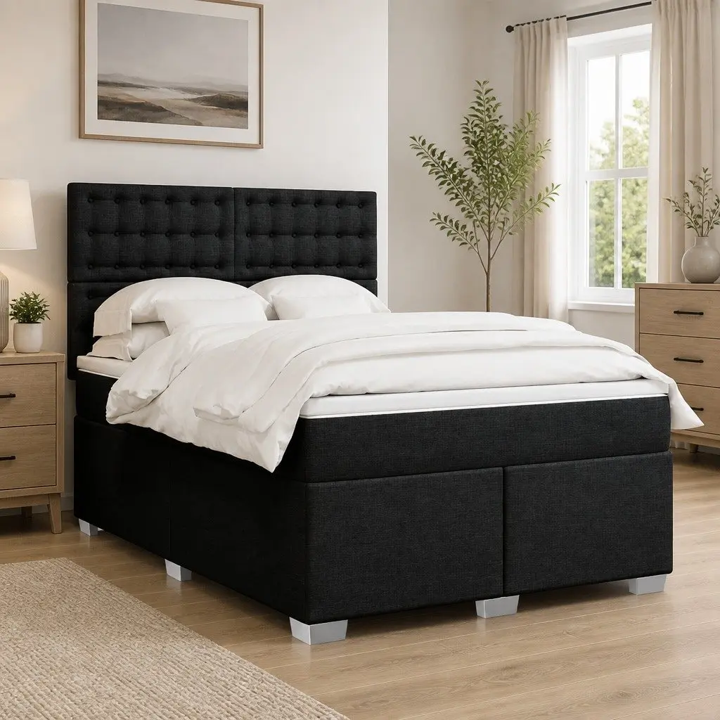 Double Box Spring Bed with Pocket Spring Mattress Adjustable LED Lights Black Double