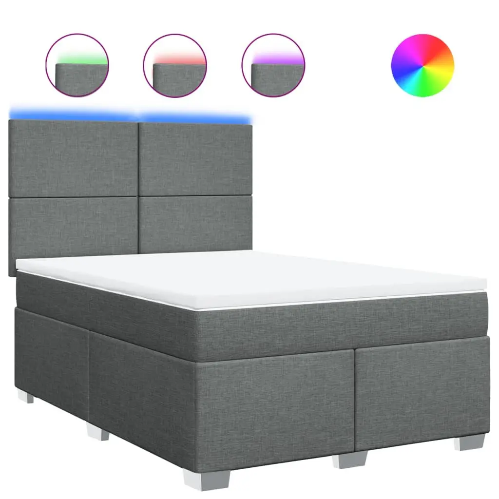 Queen Box Spring Bed with Pocket Mattress Adjustable Headboard LED Lights Grey
