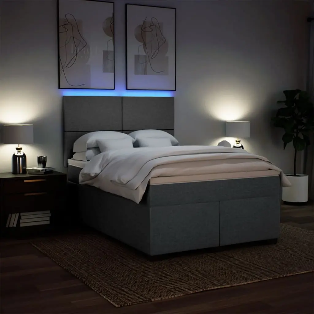 Queen Box Spring Bed with Pocket Mattress Adjustable Headboard LED Lights Grey