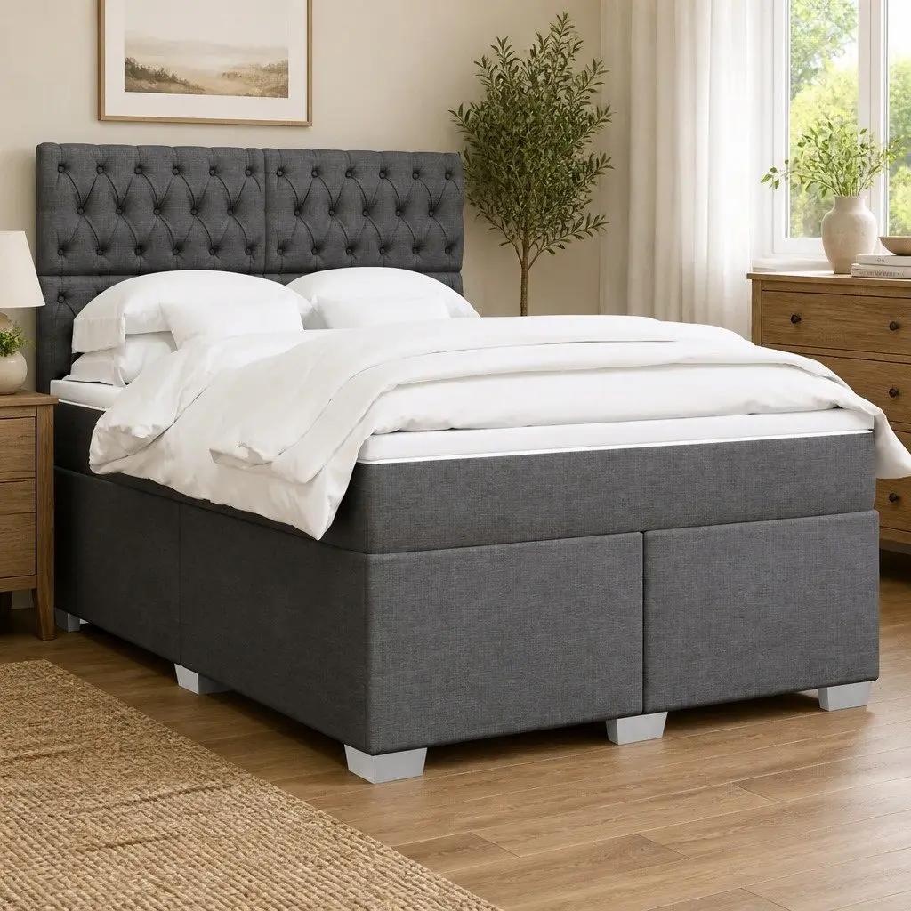 Queen Bed with Adjustable Headboard LED Lights Pocket Spring Mattress Grey
