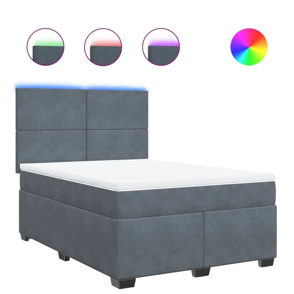 Queen Bed with Grey Velvet Upholstery Pocket Spring Mattress LED Lighting Adjustable Headboard