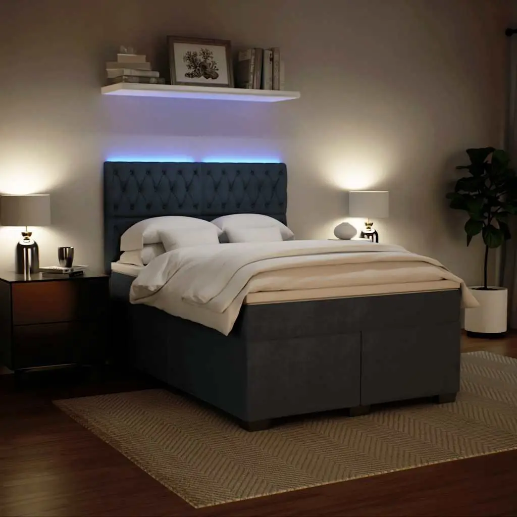 Queen Pocket Sprung Bed Adjustable Headboard Velvet Fabric Mattress with LED Lights Dark Grey