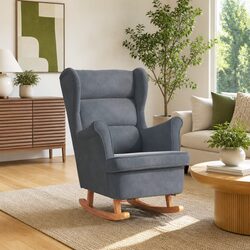 Grey Velvet Wingback Rocking Chair with Rubber Wood Legs
