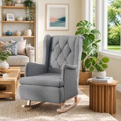Rocking Armchair with Solid Rubber Wood Legs in Grey