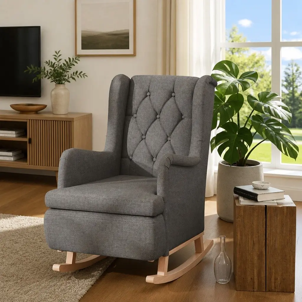 Armchair Padded Foam Seat Rocking Legs Grey Fabric