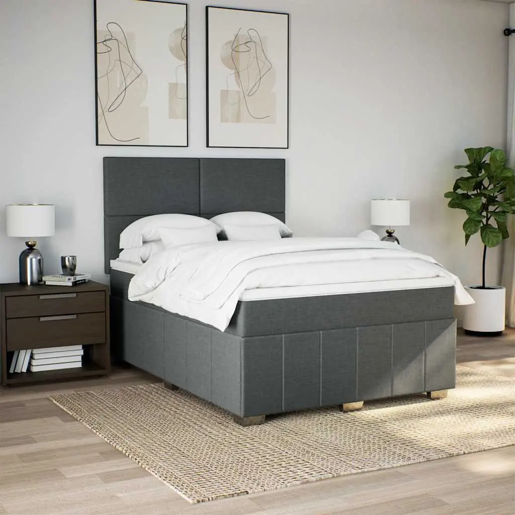 Queen Bed with Adjustable Headboard Pocket Spring Mattress Grey Fabric LED Lights