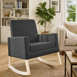 Wooden Armrest Rocking Chair in Grey Fabric