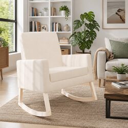 Wooden Frame Rocking Chair with Cream Fabric Upholstery