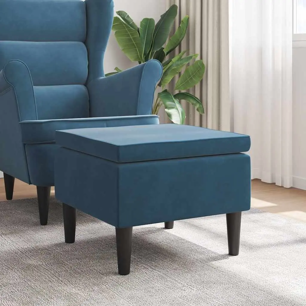 Wooden Leg Stool Blue Padded Seat Soft Cushion Footrest