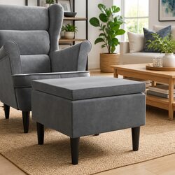 Dark Grey Velvet Footrest Ottoman with Wooden Legs