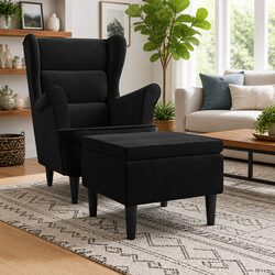 Black Velvet Stool with Wooden Legs for Compact Seating