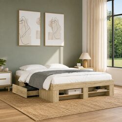 Engineered Wood Bed Frame 135x190 cm Brown with Drawers