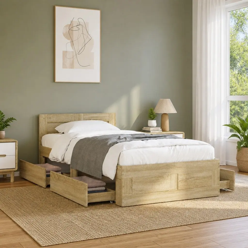 Bed Frame with Headboard Storage Drawers Slatted Base 90 x 190 cm Brown