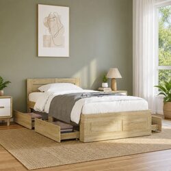 Brown Bed Frame with Headboard and Slatted Base
