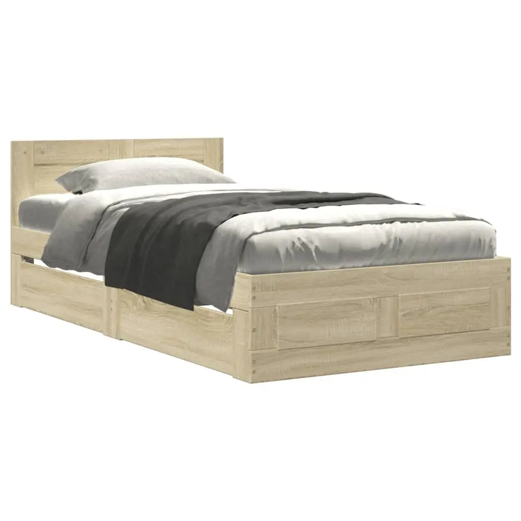 Bed Frame with Headboard Storage Drawers Slatted Base 90 x 190 cm Brown