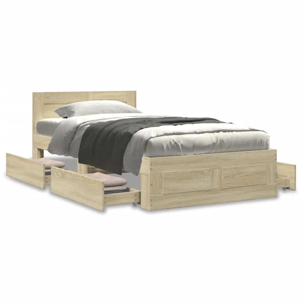 Bed Frame with Headboard Storage Drawers Slatted Base 90 x 190 cm Brown