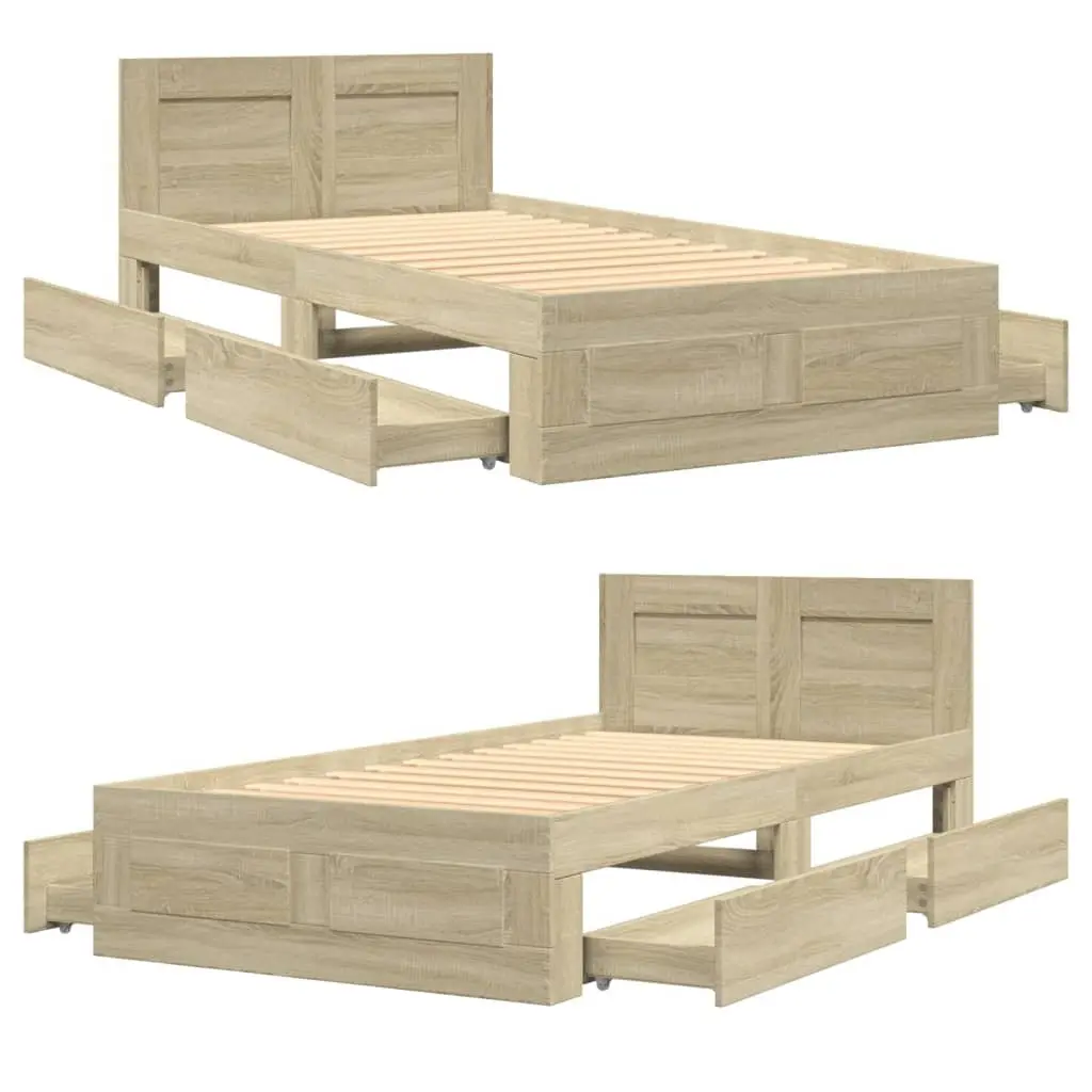 Bed Frame with Headboard Storage Drawers Slatted Base 90 x 190 cm Brown