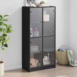 Highboard Storage Cabinet with Doors Black Engineered Wood Sideboard Bookshelf