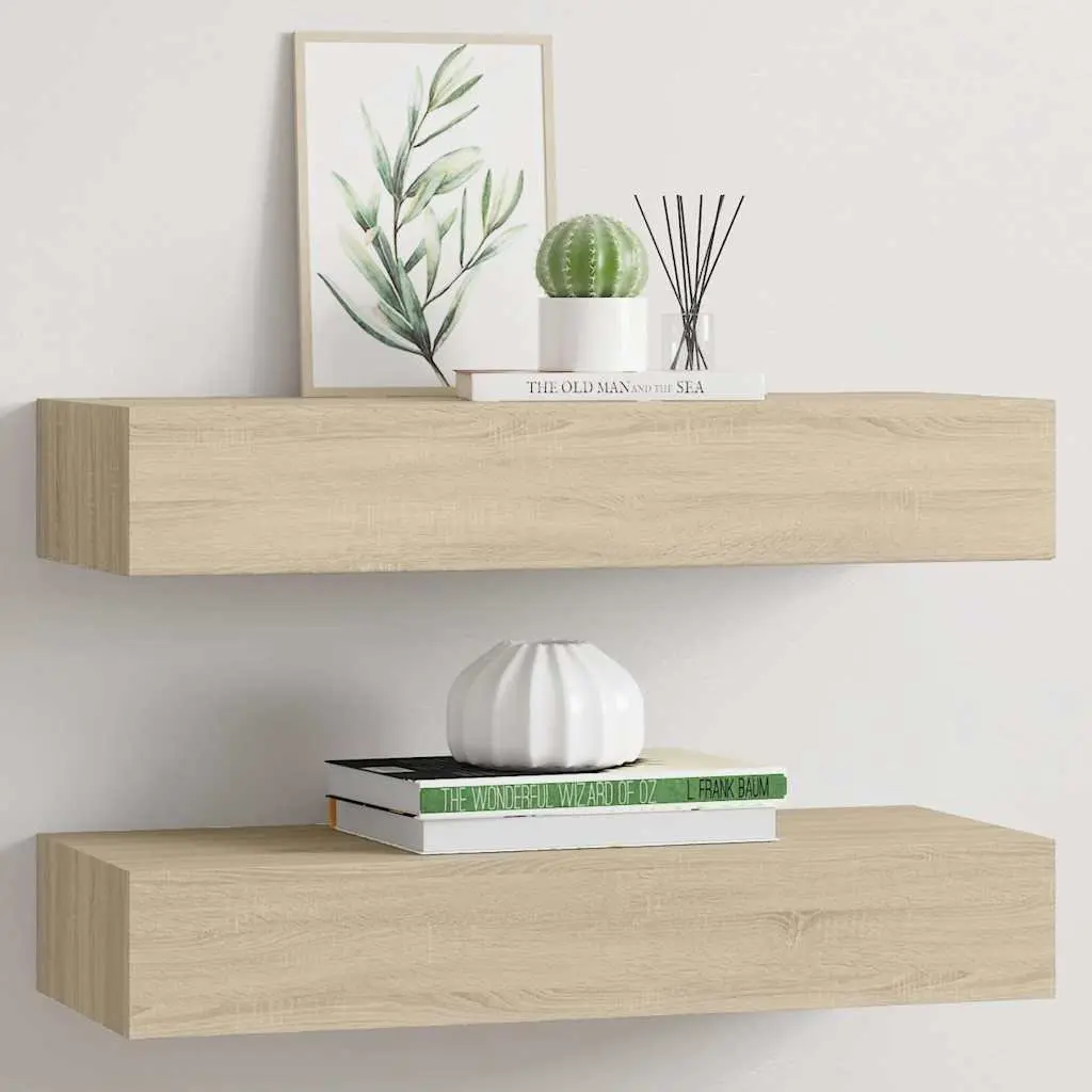 Wall-mounted Drawer Shelves Compact Floating Storage Organizer Oak Brown 60x23.5x10cm Set of 2