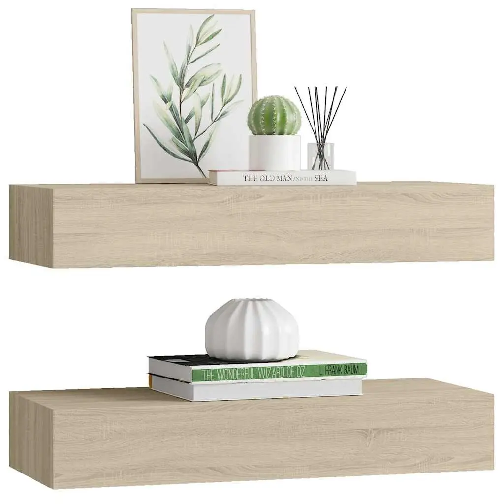 Wall-mounted Drawer Shelves Compact Floating Storage Organizer Oak Brown 60x23.5x10cm Set of 2