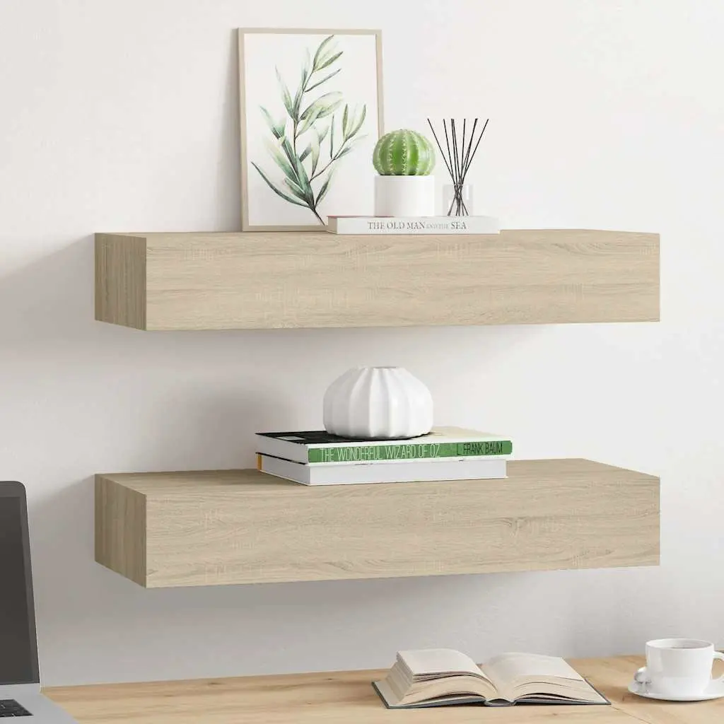 Wall-mounted Drawer Shelves Compact Floating Storage Organizer Oak Brown 60x23.5x10cm Set of 2