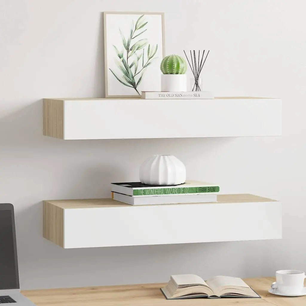 Wall Drawer Shelves 2 pcs Floating Storage Oak White 60x23.5x10cm MDF