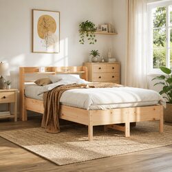Solid Pinewood Bed Frame with Shelves 90x190 cm