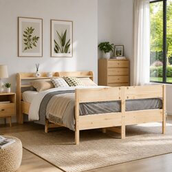Solid Pine Bed Frame 135x190 cm with Headboard and Shelves