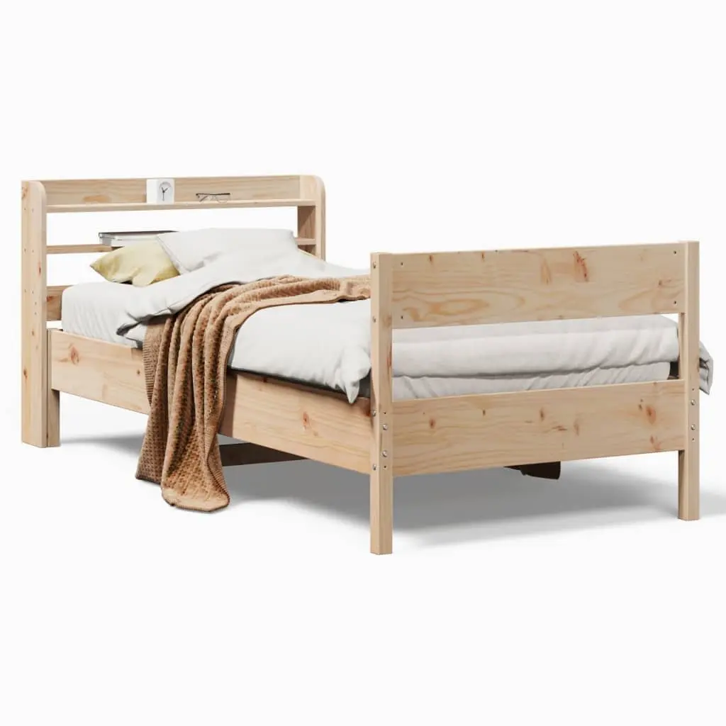 Bed Frame Solid Pine Wood Brown With Slatted Base Headboard Featuring Storage Shelves 90x190 cm