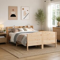 Bed Frame 135x190 cm with Slatted Base and Pine Headboard