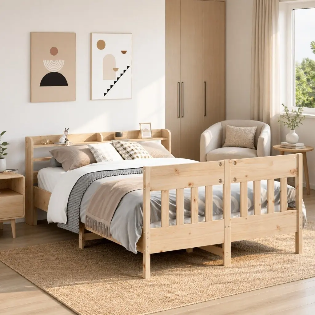 Solid Wood Bed Frame with Headboard Storage Shelves 150x200 cm Brown