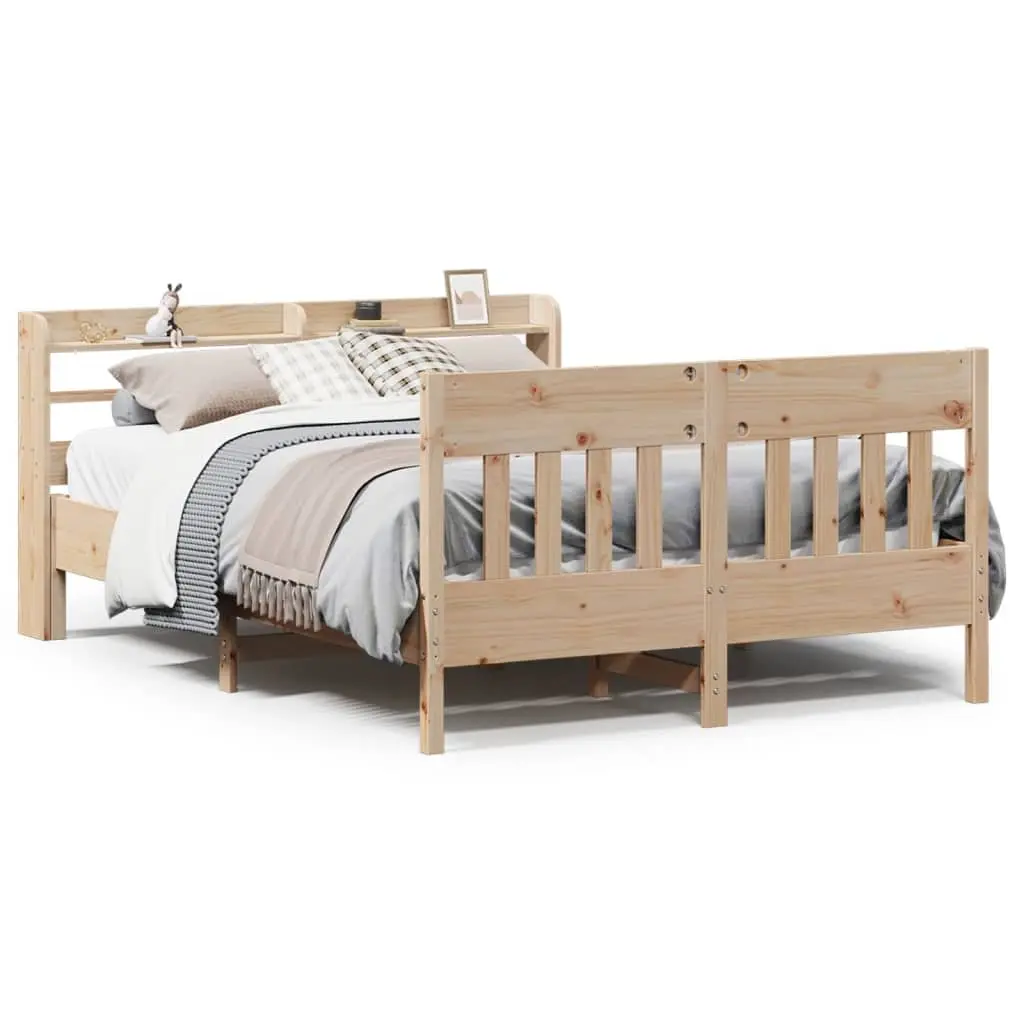 Solid Wood Bed Frame with Headboard Storage Shelves 135x190 cm Brown