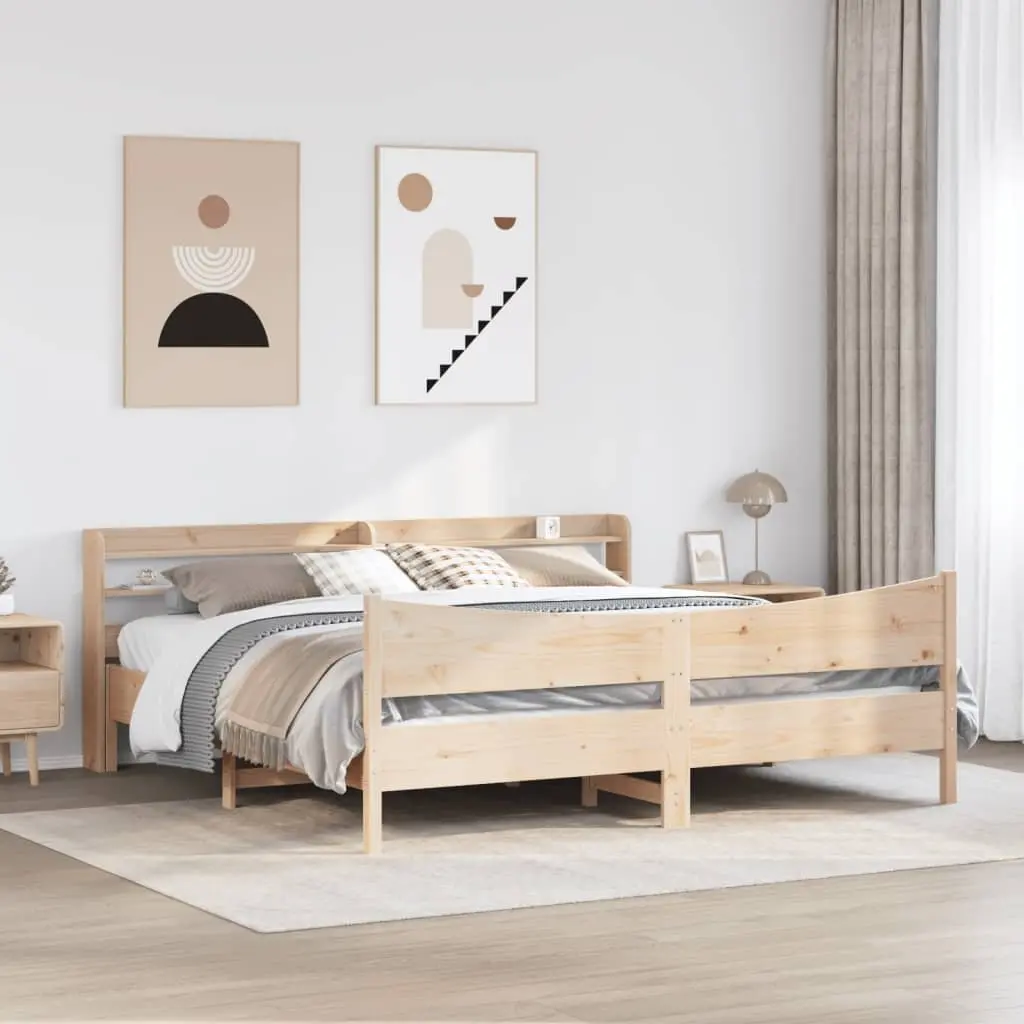 Bed Frame with Headboard Storage Slatted Base 180x200cm Solid Pine Wood Brown