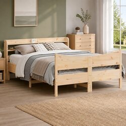 150x200 cm Bed Frame with Storage Headboard in Pinewood