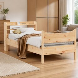 90x200 cm Bed Frame in Solid Pine Wood with Storage Headboard