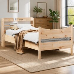 90x190 cm Bed Frame with Headboard and Shelves