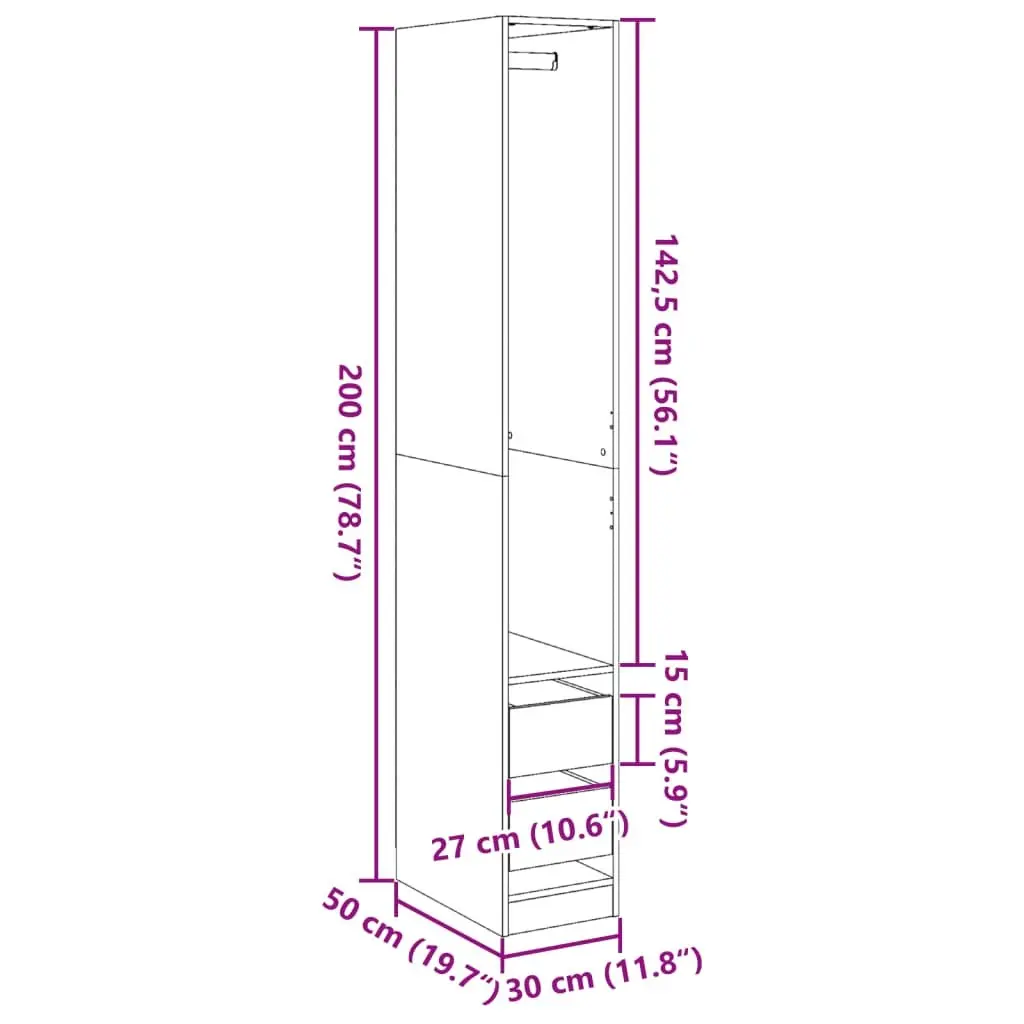 Wardrobe Compact Storage Cabinet White 30x50x200 cm with Compartment Drawers
